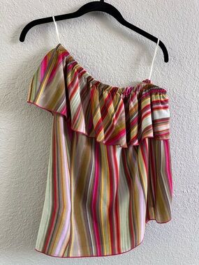 Rachel Roy One Shoulder Ruffle Blouse Multicolor Stripe Fiesta Summer Top S